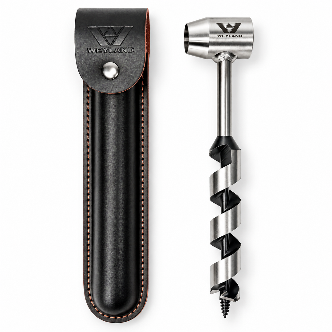 A Weyland auger with a black and silver spiral drill bit, shown next to its black leather protective case on a white background.