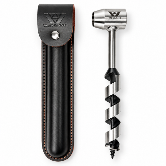 A Weyland auger with a black and silver spiral drill bit, shown next to its black leather protective case on a white background.